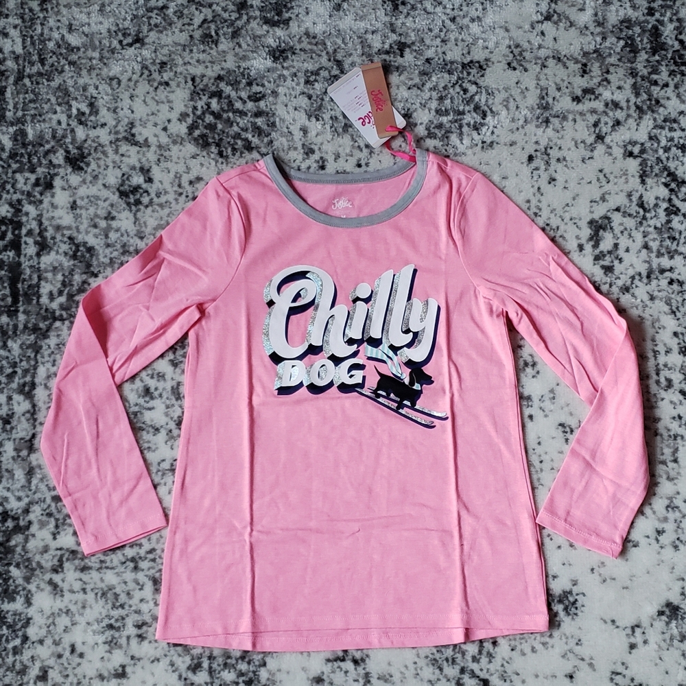 Justice Crew Neck Long Sleeve TShirt Girl 10 Pink Gray Chilly Dog Skiing  NWT